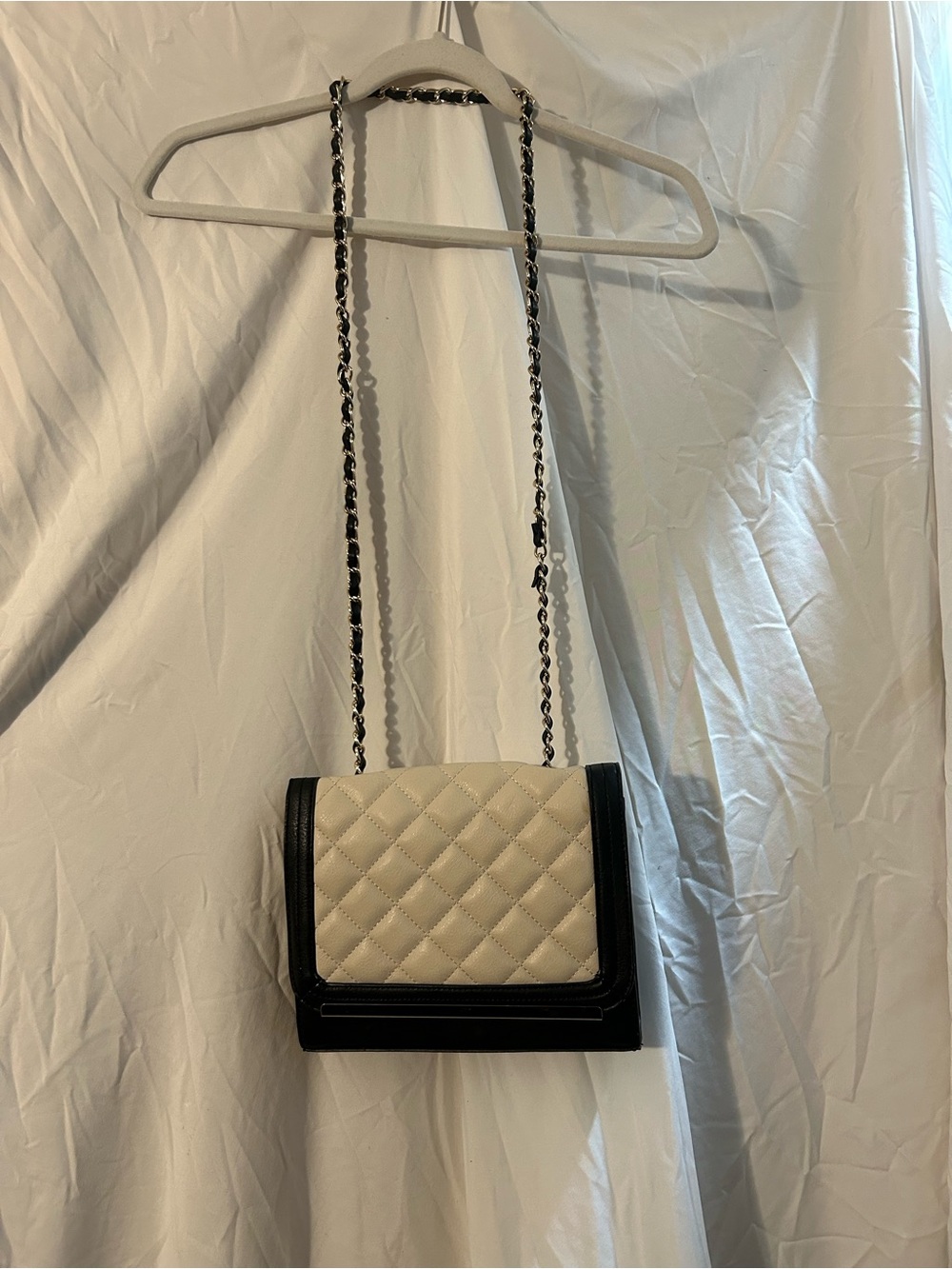 Quilted Cream and Black Chain Crossbody Bag